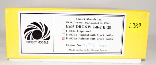 Hon3 Brass Sunset Models D&RGW K-28 Green Boiler, Tri Colored Herald